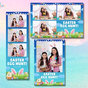 May include: Photo booth templates with an Easter theme. The designs feature images of a mother and daughter, Easter eggs, bunny ears, and the text "EASTER EGG HUNT!" in a blue and green color scheme. The date 02.21.20XX is also included.