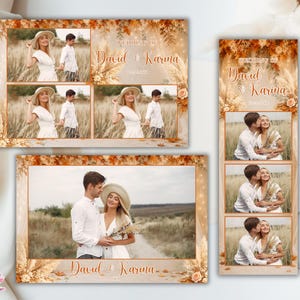 May include: A set of wedding stationery featuring photos of a couple in a field. The design includes autumn leaves, pampas grass, and the text Wedding of David & Karina. The layout consists of rectangular photo frames with warm orange tones.