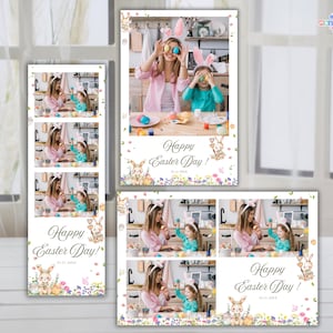 Puede incluir: Accesorios de fotomatón con temática de Pascua con el texto "Happy Easter Day!" con una madre y un niño. El diseño incluye ilustraciones de acuarela de conejitos, flores y huevos, perfectos para las celebraciones de Pascua.