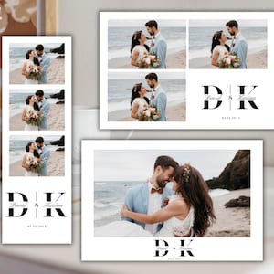 May include: Wedding photo booth strips and prints featuring a couple on a beach. The photo booth strip has three images, while the prints have multiple images. Each design includes the couple's initials and wedding date in a black, elegant font.