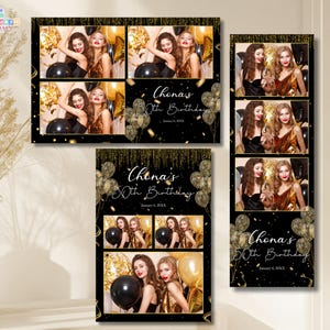 Op de afbeelding: Zwarte en gouden foto booth props met afbeeldingen van vrouwen, ballonnen en confetti. De tekst luidt "Chena's 50e verjaardag" en de datum. De props zijn ontworpen voor een verjaardagsfeest.