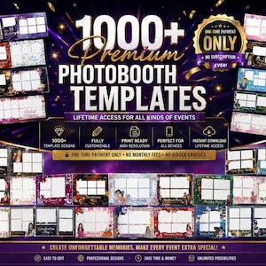 May include: A promotional image for photobooth templates. The image features a purple and gold design with the text "1000+ Premium Photobooth Templates". It highlights features like customizable designs, high resolution, and instant download. Various sample templates are displayed.