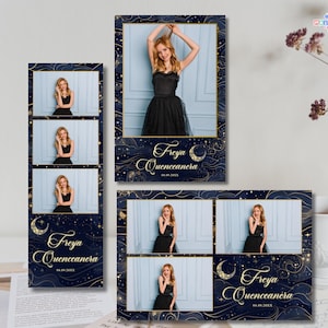 May include: Photo booth strips and a large photo frame with a young woman in a black dress. The frames have a navy blue background with gold stars and crescent moons. The text "Freya Quinceanera" is displayed.