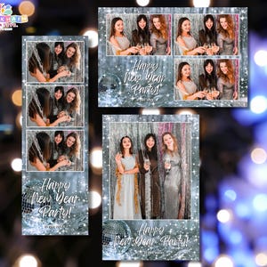 May include: Photo booth templates with a silver and blue theme. The templates feature images of women celebrating with champagne. Text on the templates reads "Happy New Year Party!" and "31 Dec 20XX."