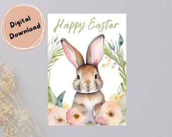 Printable 5x7 inch Easter card, bohemian card, baby shower card, spring card, watercolor rabbit, flower Easter card, Easter bunny card