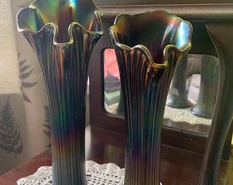 Pair of Fenton Swung Carnival Glass Vases