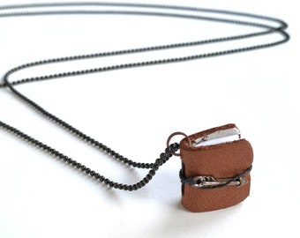 Mini Leather Book Pendant Necklace with Bronze Arrow
