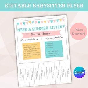 ベビーシッターのチラシ、夏の子供の世話のための編集可能なベビーシッターのチラシ、ベビーシッターのテンプレート