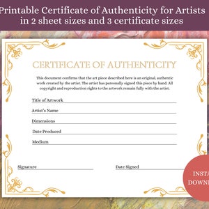 Certificado de autenticidad de arte, Certificado de autenticidad de obras de arte, COA imprimible en varios tamaños, COA de artista
