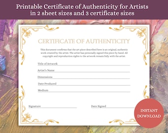 Certificate of Authenticity for Art, Artwork Authenticity Certificate, Printable COA in Multiple Sizes, Artist COA