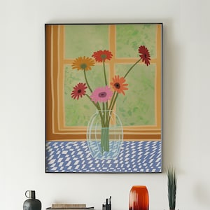 Flores en florero: flores imprimibles, póster de florero con flores, dibujado a mano, flores originales, arte de florero digital, florero frente a la ventana.