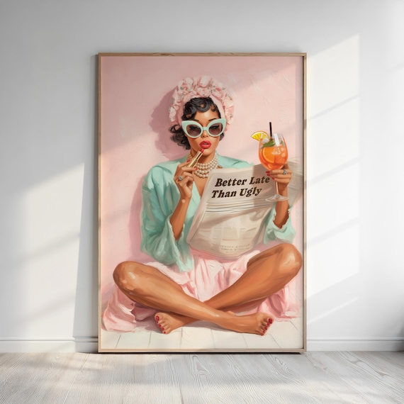 Trendy Retro Coquette Print: 1950s Better Late Than Ugly Newspaper Quote Poster – Black Girl Wall Art