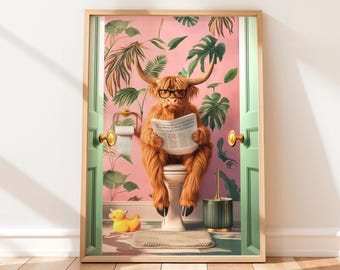 Impresión de una vaca de las Tierras Altas en un periódico: Arte divertido para el baño
