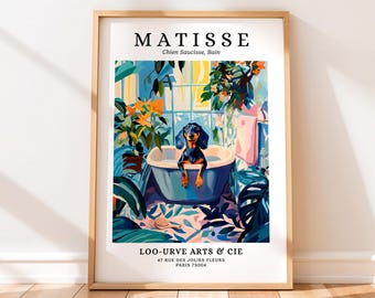 Sausage Dog Bath Poster, Matisse Print, Funny Bathroom Wall Art, Colourful Dopamine Decor, Modern Mid Century Modern Art, Henri Matisse