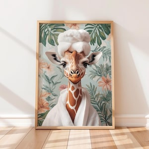 Funny Giraffe in Robe Art Print: Botanical Bathroom Decor