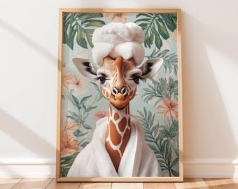 Funny Giraffe in Robe Art Print: Botanical Bathroom Decor