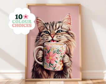 Tabby Cat Coffee Print: Funny Kitchen Wall Art