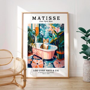 バスタブにいるトラ猫のポスター、マティスのプリント、面白いバスルームの壁アート、カラフルなドーパミンの装飾、ミッドセンチュリーモダンアート、アンリ・マティススタイル