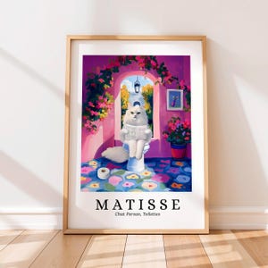 Perzische kat op toilet poster, Matisse print, grappige badkamer muurkunst, dopamine decor, moderne kunst uit het midden van de eeuw, Henri Matisse-stijl, kattencadeau