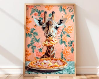 Giraffe Eating Pizza Kitchen Print: Maximalist Dopamine Decor