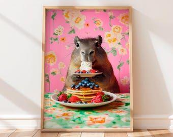 Capybara Eating Pancakes Art Print: Funny Kitchen Wall Decor