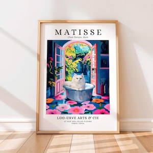 Perzische kat in bad poster, Matisse print, grappige badkamer muurkunst, dopamine decor, moderne kunst uit het midden van de eeuw, Henri Matisse-stijl, kattencadeau