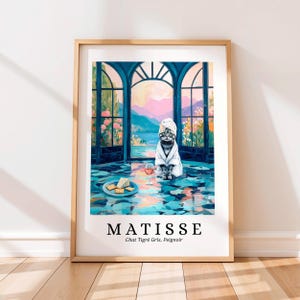 Poster Cyperse kat in een badjas, Matisse-print, grappige badkamermuurkunst, dopamine-decor, moderne kunst uit het midden van de eeuw, Henri Matisse-stijl, kattencadeau