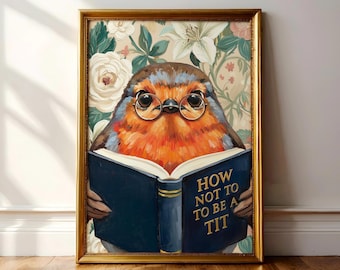 Funny Robin Reading a Book Art Poster: Quirky Botanical & Bird Lover Decor