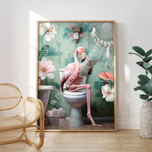 Funny Flamingo Toilet Print - Bathroom Wall Art Poster, Tropical Bathroom Art, Pink Flamingo Wall Decor, Restroom Print, Flamingo Lover Gift