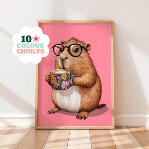 Capibara drinken koffie muurkunst, koffieliefhebber print, capibara cadeau, grappige capibara poster, wanddecoratie eetkamer en keuken, trendy print, trendy print