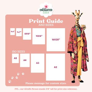 The image is a print guide and sizes for custom prints, featuring a giraffe in a colorful outfit and a pink background.