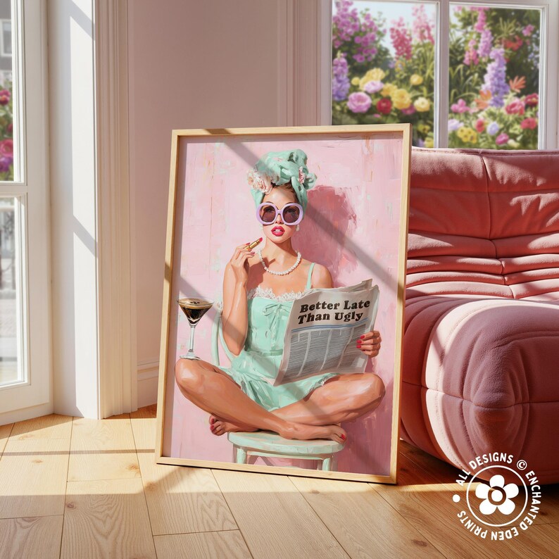 Trendy Retro Coquette Print: 1950s Better Late Than Ugly Newspaper Quote Poster, Girly Wall Art image 13
