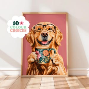 Golden Retriever Drinking Coffee Wall Art, Coffee Lover Print, Dog Gift, Funny Dog Poster, Dining Room & Kitchen Wall Decor, Trendy Print