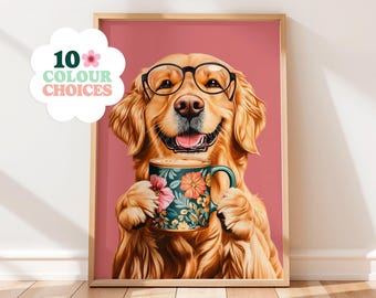 Golden Retriever Coffee Print: Funny Dog Wall Art