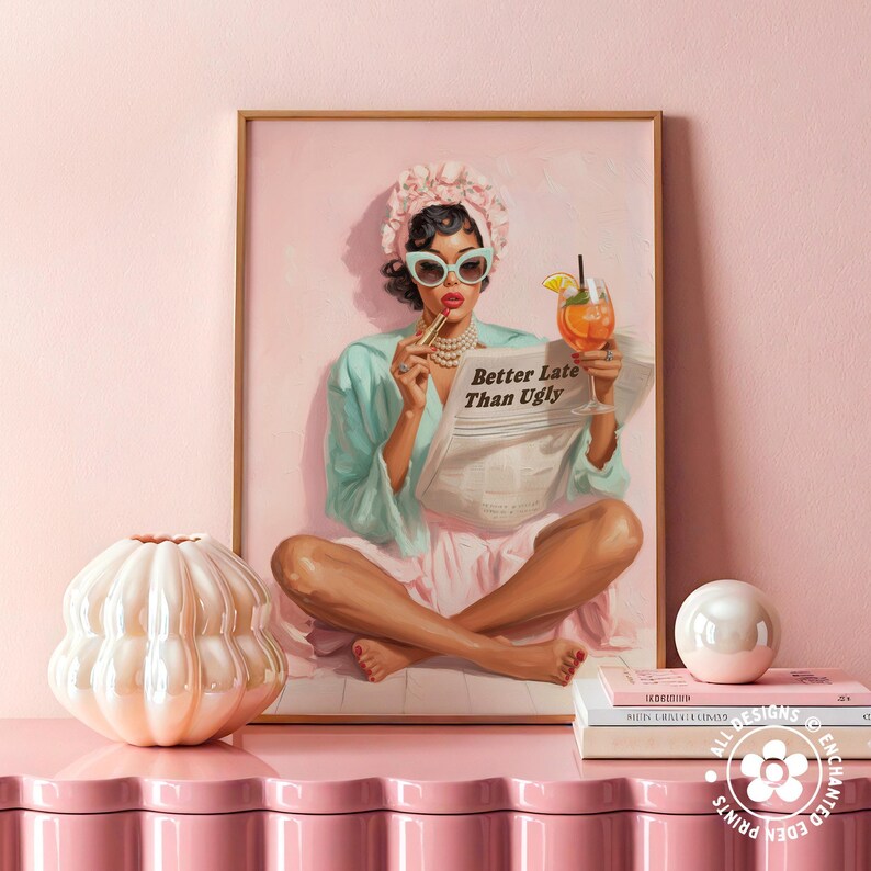 Trendy Retro Coquette Print: 1950s Better Late Than Ugly Newspaper Quote Poster – Black Girl Wall Art image 3