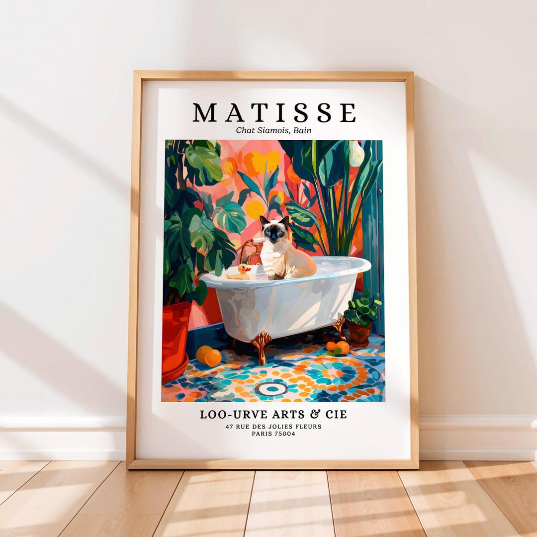 Siamese Cat in Bath Tub Art Print: Henri Matisse Style Funny Bathroom ...