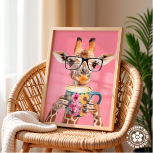a picture of a giraffe holding a cup of coffee