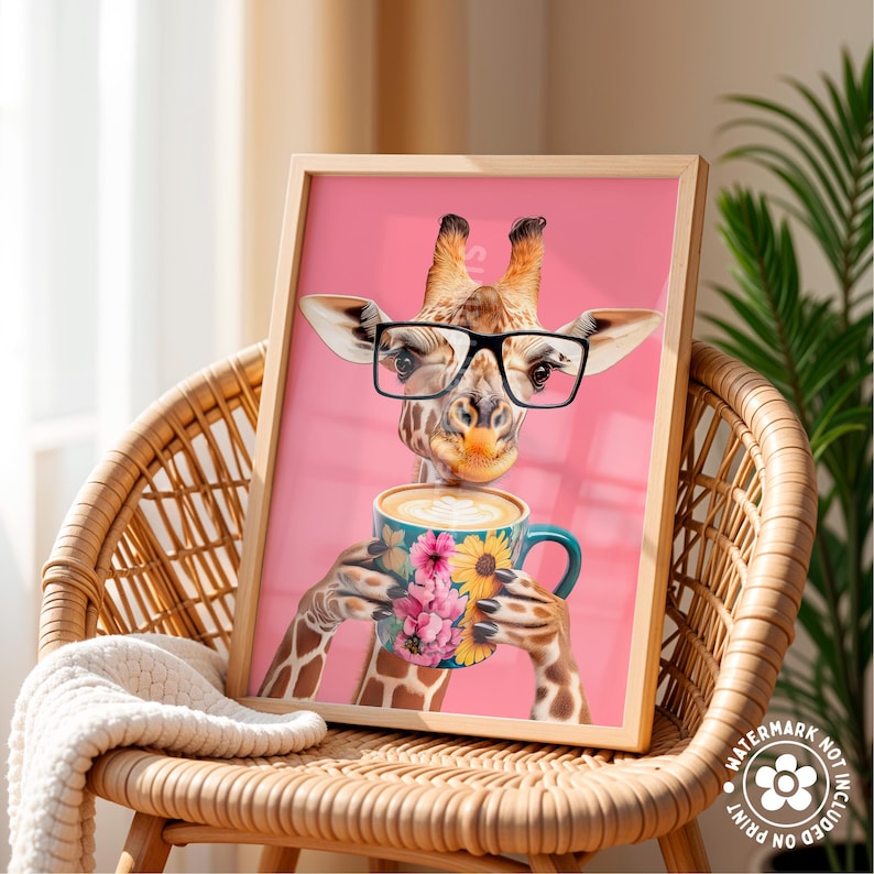 a picture of a giraffe holding a cup of coffee