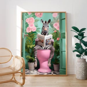 Funny Zebra on Toilet Poster: Maximalist Bathroom Art