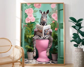 Funny Zebra on Toilet Poster: Maximalist Bathroom Art