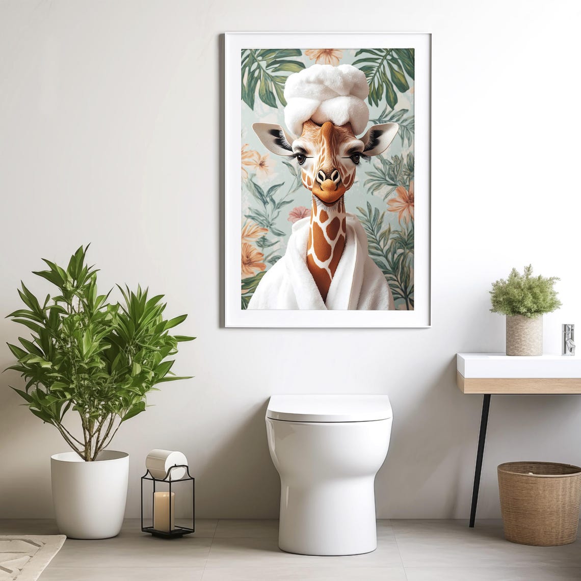 Funny Giraffe in a Robe Bathroom Animal Print, Maximalist Animal in