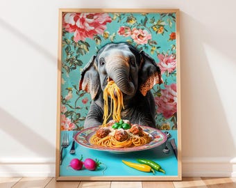 Elephant Eating Spaghetti Print: Funny Kitchen Wall Art
