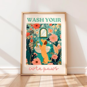 Póster de perro &quot;Lávate las patas&quot;, impresión para niños lavando los platos, arte de pared para inodoro para niños, lindo póster para baño, amante de los perros, impresión divertida para baño, decoración de inodoro