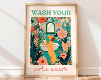 Wash Your Paws Dog Art Print: Funny Bathroom Toilet Decor