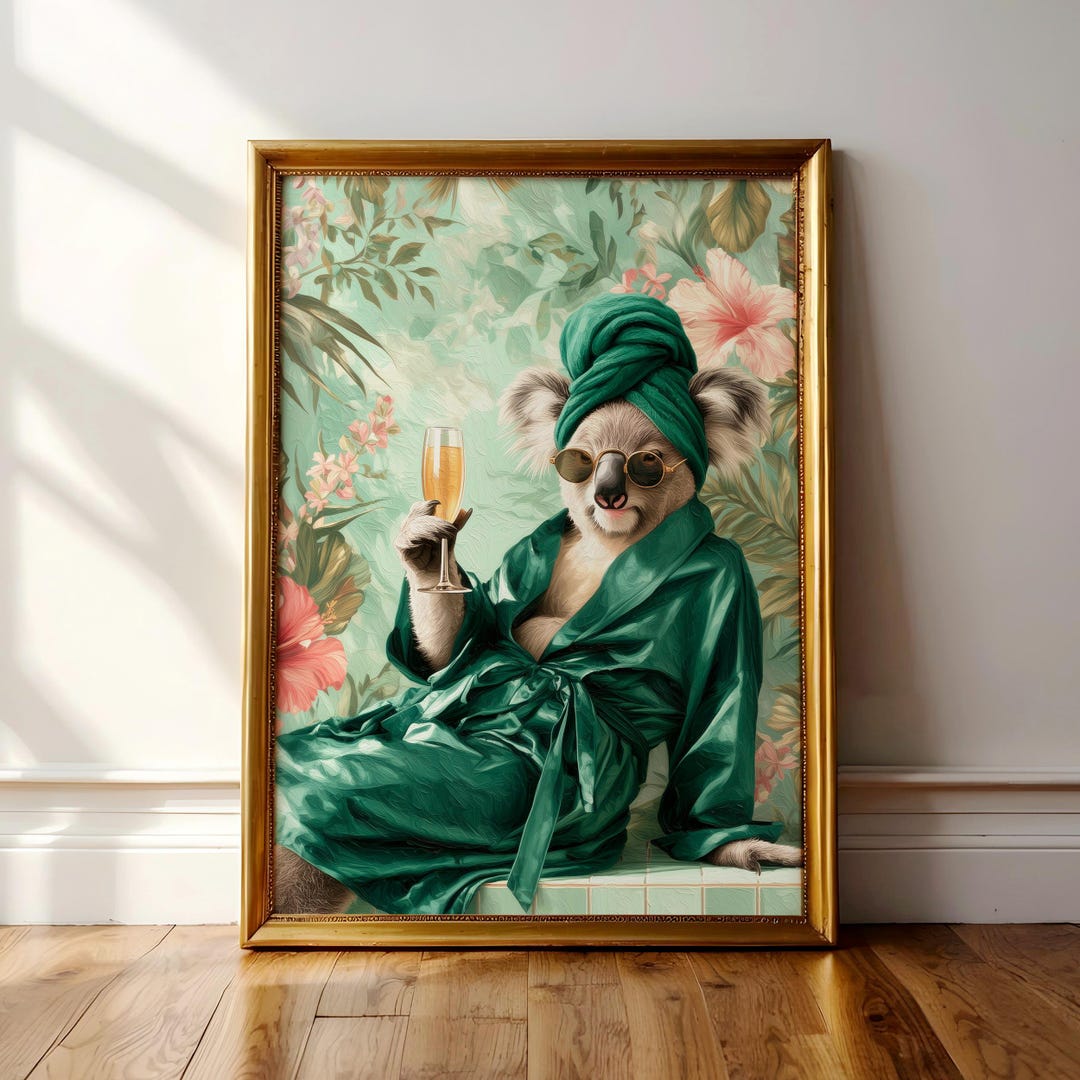 Koala Robe Funny Koala in Robe Print: Animal Bathroom Art, Green Maximalist ...