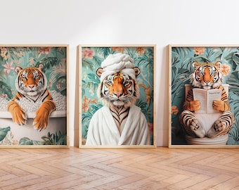 Grappige tijger badkamerkunstafdrukken: botanische jungle decor (set van 3)