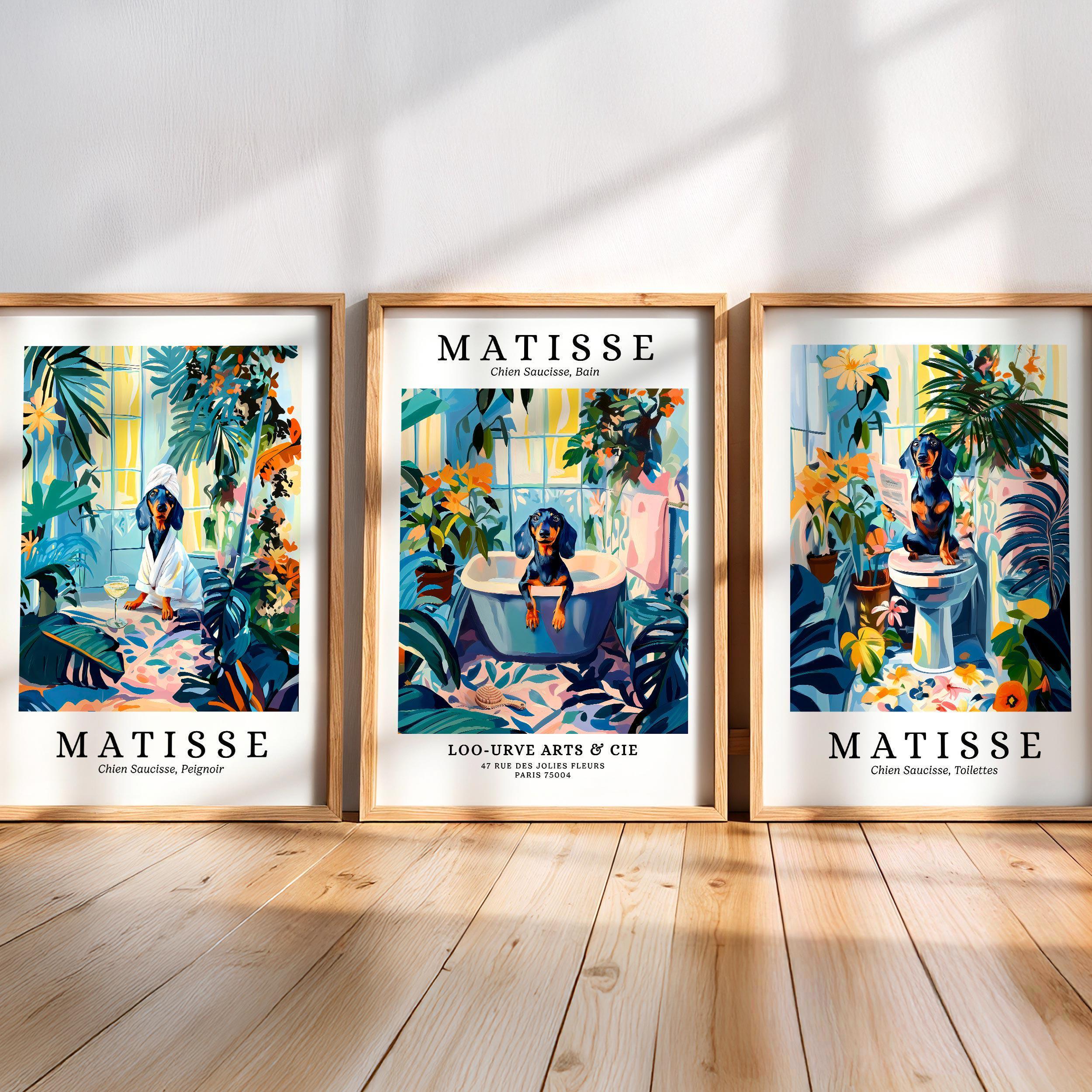 Sausage Dog Matisse Set of 3 Prints, Dachshund Bathroom Poster, Funny Animal Wall Art, Mid Century Modern Art, Henri Matisse, Print Set
