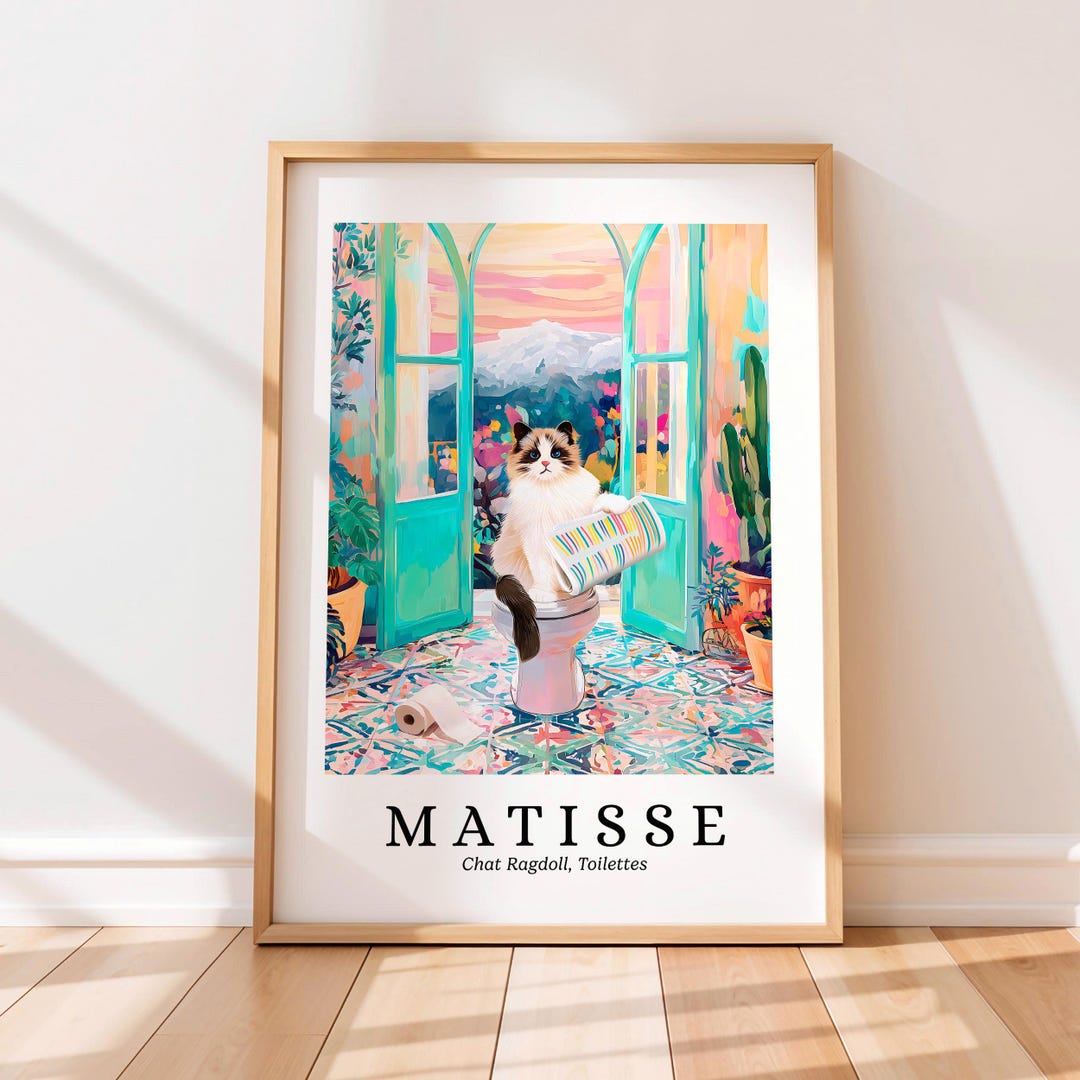 Ragdoll Cat on Toilet Art Print: Henri Matisse Style Funny Bathroom ...