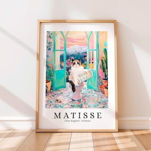 Ragdoll kat op toilet poster, Matisse print, grappige badkamer muurkunst, dopamine decor, moderne kunst uit het midden van de eeuw, Henri Matisse-stijl, kattencadeau