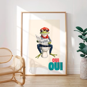 OUI OUI Bathroom Print, Frog on Toilet Poster, Funny Toilet Wall Art, Contemporary Typography, Dorm Room Decor, French Slogan print